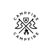 aventure de feu de camp en plein air avec logo de contour de drapeaux. logo feu de camp vecteur