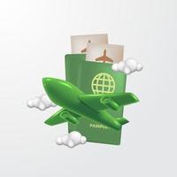 temps de voyage, vacances avec avion d'illustration 3d et billet de passeport vecteur