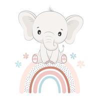 mignon bébé éléphant assis sur un arc-en-ciel. illustration vectorielle dessinés à la main. vecteur