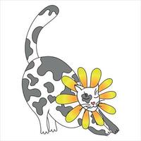 illustration vectorielle, chat qui s'étend dans des taches grises, en décoration florale, sur fond blanc. vecteur