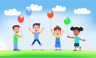 enfants avec des visages heureux tenant des ballons vecteur