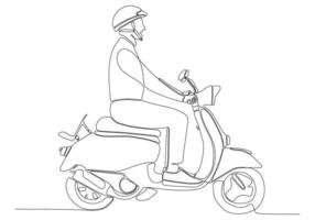 dessin au trait continu. bel homme sur une illustration vectorielle de scooter vecteur