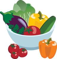 bol de légumes frais. tomates, concombre, poivrons, laitue, aubergine et verdure. isolé sur fond blanc vecteur