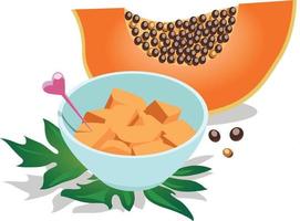 fruits de papaye frais coupés en deux et morceaux de papaye servis dans un bol avec une pointe. isolé sur fond blanc