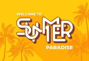 bienvenue à la typographie paradis d'été sur fond jaune avec palmier. modèle de bannière, affiche, impression, carte, flyer, invitation. eps10 vecteur