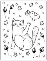 page de coloriage pour les enfants. chat de dessin animé mignon avec oiseau, fleurs de printemps et plantes. illustration vectorielle de contour. vecteur