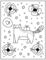 page de coloriage de doodle pour enfants et adultes. chat de dessin animé mignon avec cadeau et fleurs. illustration vectorielle noir et blanc. vecteur