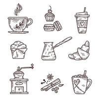 service à café dessiné à la main. illustration de croquis de vecteur sertie de tasse, cezve, épices, moulin à café, croissant et autres desserts.