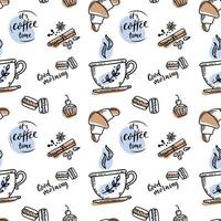 style de croquis dessiné à la main de vecteur ou motif de café avec signe de lettrage. c'est l'heure du café. tasse à café, épices et grains de café, macarons, gâteau, croissant