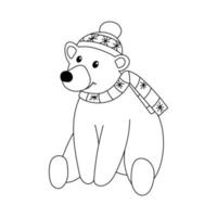 l'ours polaire mignon est assis dans un bonnet et une écharpe. contour vectoriel illustration d'animal forestier isolé sur fond blanc. impression sur t-shirt, invitation pour enfants, carte, livre de coloriage