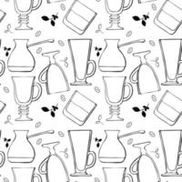 des verres à motif pour les boissons au café et un verre de whisky, de latte, de café irlandais, de café turc, de grains et de brins de café. illustration vectorielle. fond blanc. vecteur