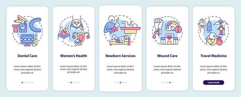 écran d'application mobile d'intégration des services de santé. Procédure pas à pas pour les soins aux patients Pages d'instructions graphiques en 5 étapes avec des concepts linéaires. ui, ux, modèle d'interface graphique. vecteur