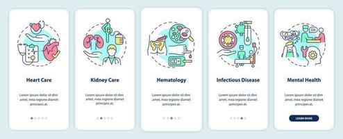 fournir des services médicaux à bord de l'écran de l'application mobile. médecine pas à pas 5 étapes pages d'instructions graphiques avec des concepts linéaires. ui, ux, modèle d'interface graphique. vecteur