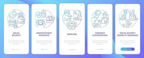 écran de l'application mobile d'intégration du dégradé bleu de l'assurance sociale fédérale. pas à pas en 5 étapes pages d'instructions graphiques avec des concepts linéaires. ui, ux, modèle d'interface graphique. vecteur