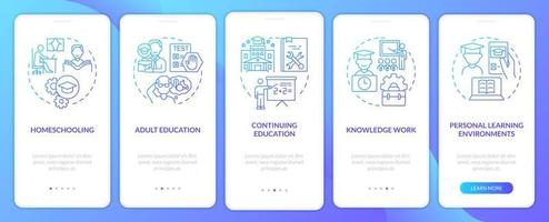 contextes d'apprentissage tout au long de la vie écran d'application mobile d'intégration à gradient bleu. pas à pas en 5 étapes pages d'instructions graphiques avec des concepts linéaires. ui, ux, modèle d'interface graphique. vecteur