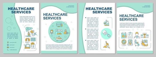services de santé fournissant un modèle de brochure à la menthe. soins médicaux. conception de dépliant avec des icônes linéaires. 4 mises en page vectorielles pour la présentation, les rapports annuels. vecteur