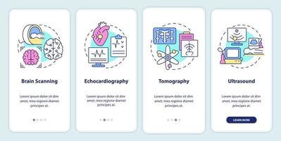 écran d'application mobile d'intégration d'imagerie diagnostique. recherche médicale pas à pas 4 étapes pages d'instructions graphiques avec des concepts linéaires. ui, ux, modèle d'interface graphique. vecteur