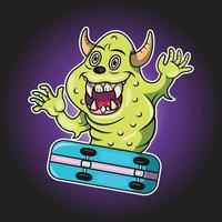 dessin animé mignon monstre vert figure skateboard vecteur