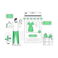 personne utilisant un mobile pour faire des achats en ligne, illustration plate vecteur