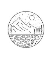 camping au bord du lac sur fond de montagnes en dessin au trait mono, illustration graphique de broche de patch de badge, conception de t-shirt d'art vectoriel