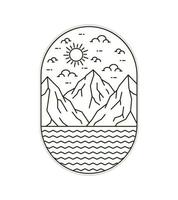 illustration des montagnes et de la mer en dessin au trait mono, illustration graphique de la broche de patch de badge, conception de t-shirt d'art vectoriel