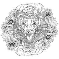 tigre doodle d'encre dessiné à la main et fleurs sur fond blanc. coloriage - zendala, design pour adultes, affiche, impression, t-shirt, invitation, bannières, flyers. vecteur