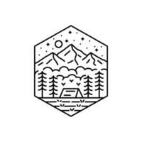 camping sous les montagnes en dessin au trait mono, illustration graphique de broche de patch de badge, conception de t-shirt d'art vectoriel