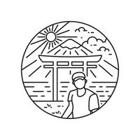 un visiteur devant une porte japonaise typique et le mont fuji vecteur