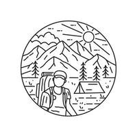 homme de camping dans une forêt montagneuse en dessin au trait mono, illustration graphique de broche de patch de badge, conception de t-shirt d'art vectoriel