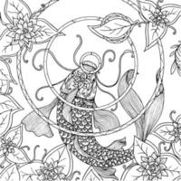 poissons koi chinois nageant autour de la fleur de lotus, illustration vectorielle dessinée à la main, dessin au trait noir et blanc, page de livre de coloriage pour adultes. vecteur