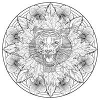 tigre et fleurs dessinés à la main pour livre de coloriage adulte vecteur