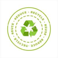 réduire, recycler, réutiliser le timbre grunge vert. icône de vecteur de modèle de badge en caoutchouc rétro matériaux respectueux de l'environnement