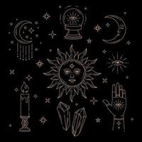 contour magique céleste illustration dorée des icônes et des symboles du soleil, de la lune, des cristaux, du mauvais œil, des mains de sorcière. vecteur