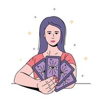 belle femme prophétesse, diseuse de bonne aventure tenant des cartes de tarot. illustration vectorielle de ligne de couleur. vecteur