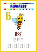 feuille de travail de traçage de l'alphabet avec lettre, abeille mignonne vecteur