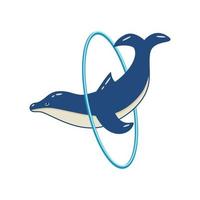 dessin animé mignon dauphin saute à travers le cerceau dans le delphinarium. illustration vectorielle d'un animal marin dressé dans un zoo. vecteur