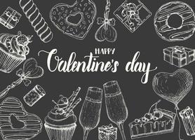 fond de saint valentin avec des objets dessinés à la main doodle dans un style de croquis-sucette, beignet glacé, coupe de champagne, coffrets cadeaux, tarte et cupcake. happy valentines day - expression de calligraphie lettrage vecteur