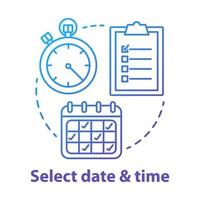 sélectionnez l'icône de concept bleu de date et d'heure. choisissez l'illustration de la ligne mince du jour et de l'heure. réservation, réservation, gestion du temps et planification. calendrier et chronomètre. dessin de contour isolé de vecteur