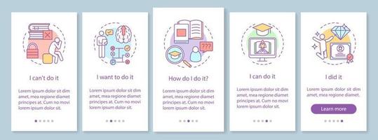 modèle de vecteur d'écran de page d'application mobile d'intégration de la motivation de l'éducation. chemin vers le succès. carriériste, yuppie, bourreau de travail. étapes du site Web avec des illustrations linéaires. concept d'interface de smartphone ux, ui, gui