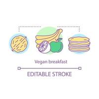 petit-déjeuner végétalien, icône de concept de nutrition végétarienne. illustration de fine ligne d'idée de mode de vie sain. alimentation biologique. fruits frais, noix et crêpes vecteur dessin de contour isolé. trait modifiable