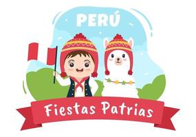 felices fiestas patrias ou illustration de dessin animé de la fête de l'indépendance péruvienne avec drapeau et personnes mignonnes pour la fête nationale du pérou le 28 juillet sur fond de style plat vecteur