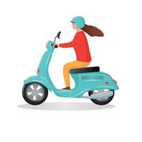 motocycliste féminine à cheval sur une moto scooter bleue. jeune femme utilisant le transport de moto pour voyager et voyager. illustration de vecteur de dessin animé plat isolé sur blanc.