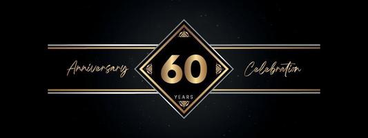 60 ans anniversaire couleur dorée avec cadre décoratif isolé sur fond noir pour l'événement de célébration d'anniversaire, fête d'anniversaire, brochure, carte de voeux. Conception de modèle d'anniversaire de 60 ans vecteur