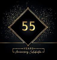Célébration du 55e anniversaire avec cadre doré et paillettes dorées sur fond noir. création vectorielle pour carte de voeux, fête d'anniversaire, mariage, fête d'événement, invitation. Logo anniversaire 55 ans. vecteur