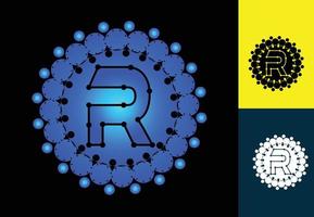 lettre r avec logo à pois circulaires et modèle de conception d'icône vecteur