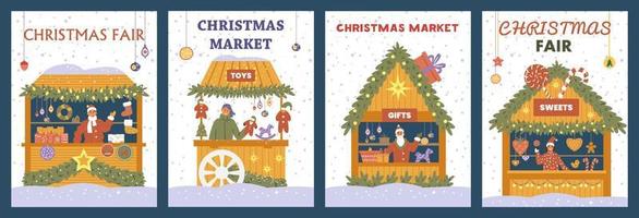 ensemble d'images vectorielles d'affiches du marché de noël avec boutiques de cadeaux, décorations, jouets et bonbons. vecteur
