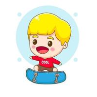 mignon garçon heureux jouant au skateboard. personnage de dessin animé chibi. illustration de l'art vectoriel