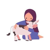 personnage de dessin animé d'enfants avec un animal sacrifié lors de la célébration de l'aïd al-adha mubarak. vache, mouton, agneau, chèvre, illustration plate de chameau. vecteur