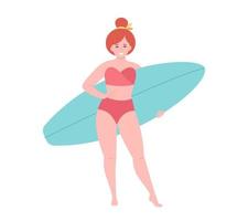 femme avec planche de surf. activité estivale, été, surf. Bonjour été. vecteur