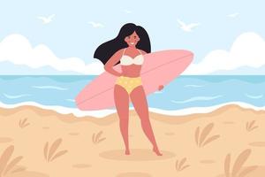 femme avec planche de surf sur la plage. activité estivale, été, surf. Bonjour été. vacances d'été vecteur